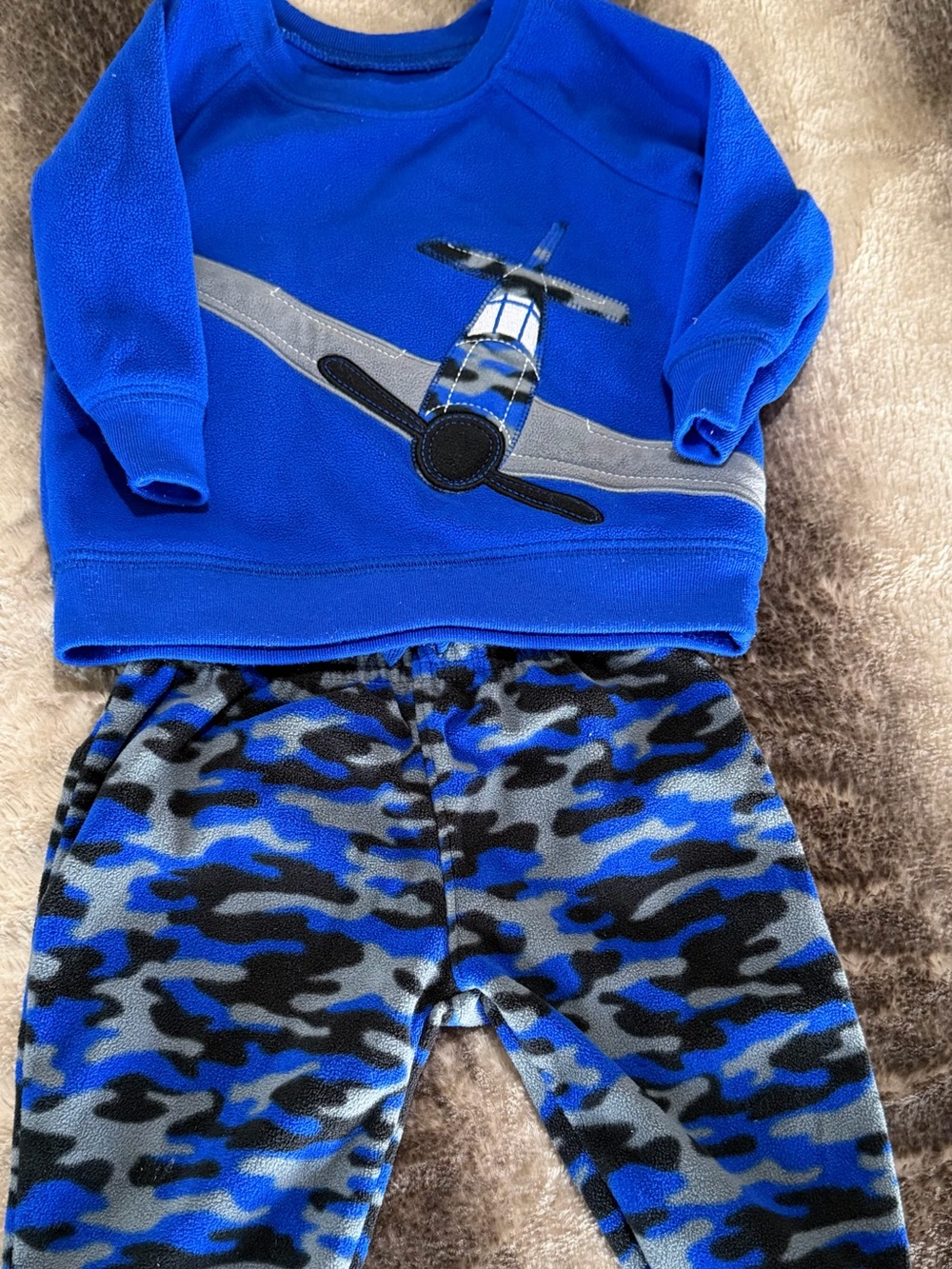 Blue Airplane Fleece Kids Bottoms and Top Set